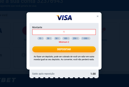 Formulário de depósito por cartão de crédito, valor mínimo - 2 euros
